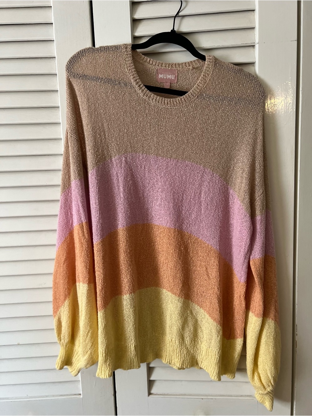 Show Me Your MuMu Beige Crew Sweater with Pink, Orange & Yellow Arches